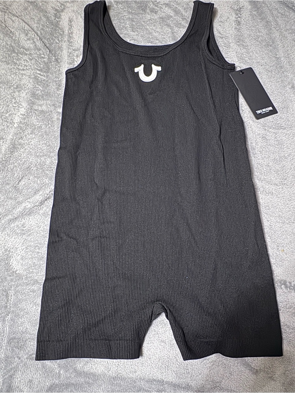 True Religion Black Ribbed Tank Romper with Horseshoe Logo